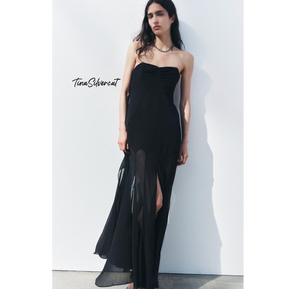BLOGGER'S FAVE! Zara Semi Sheer Strapless Midi Dress Black NWT - Picture 9 of 14